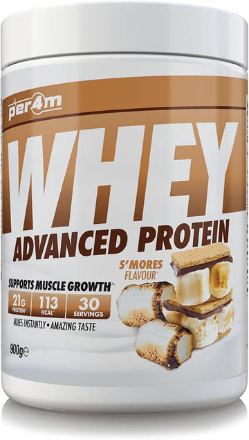 Per4M Protein Whey Powder | 30 Servings Of High Protein Shake With Amino Acids | For Optimal Nutrition When Training | Low Sugar Gym Supplements (900G, S'Mores)