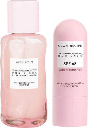 Glow Recipe Glow & Go Duo - Watermelon Glow Pha & Bha Pore Tight Facial Toner To Exfoliate & Soothe Skin (40 Ml) + Spf Dew Balm Sunscreen Stick (0.58 Oz) - Protect Skin From Uva Rays & Dark Spots