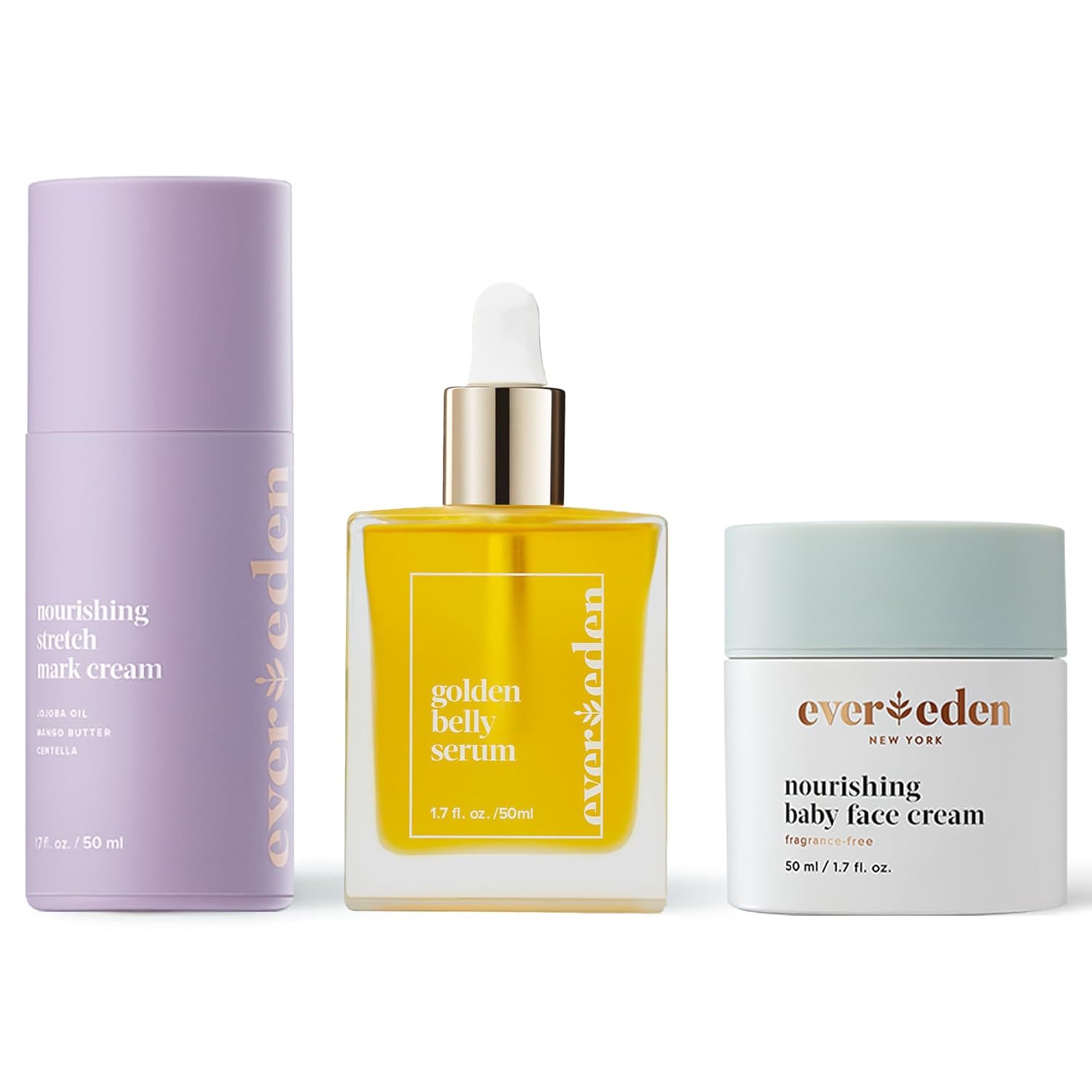 Evereden Mama & Baby Discovery Set - Dermatologist-Developed Clean & Vegan Maternity Skin Care Bundle - Stretch Mark Cream, Belly Serum, & Nourishing Baby Face Cream - Postpartum Gifts for New Mom