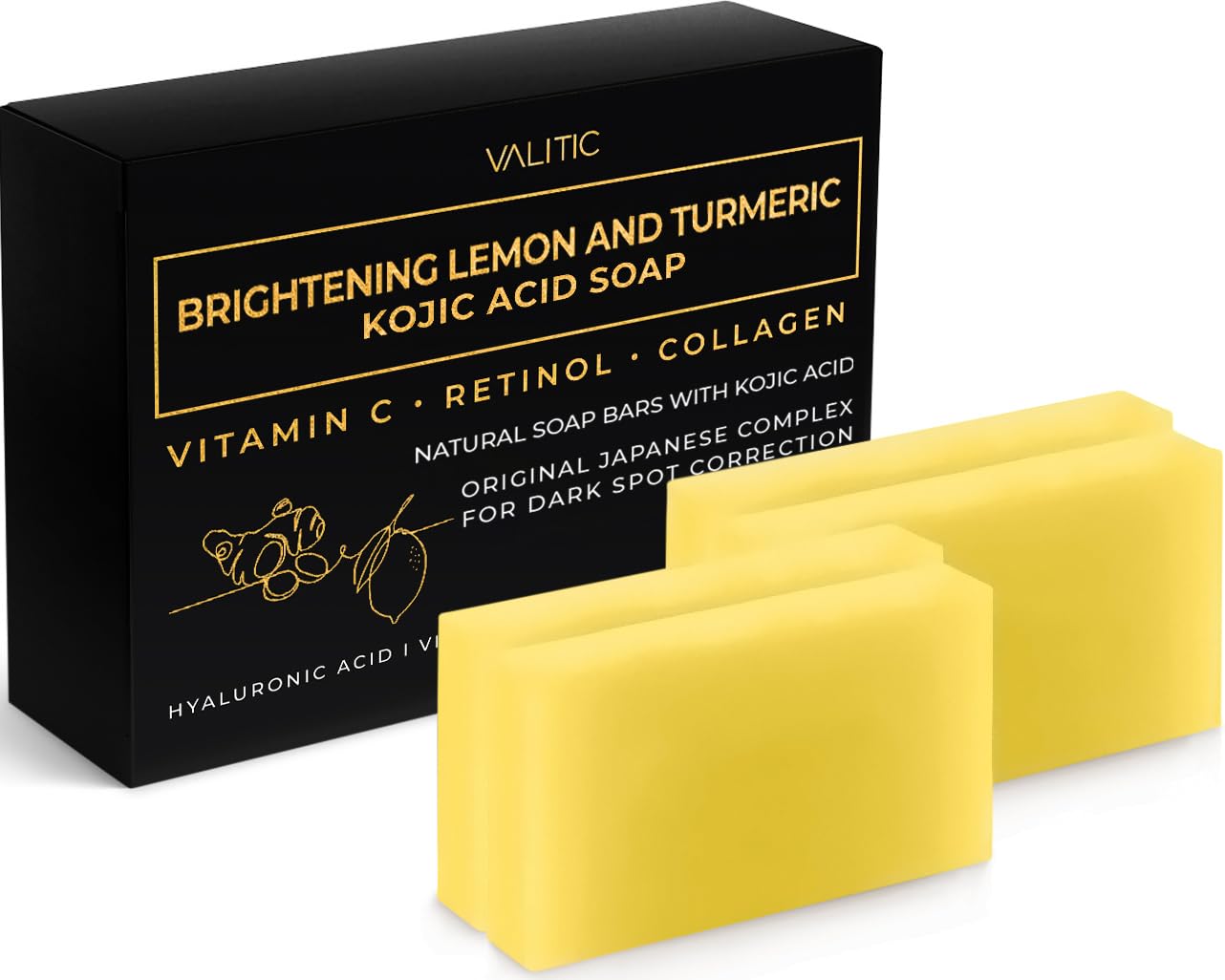 Valitic Brightening Lemon & Turmeric Kojic Acid Soap With Vitamin C, Retinol, Collagen - Original Japanese Complex Infused With Hyaluronic Acid, Vitamin E, Shea Butter, Castile Olive Oil (4 Pack)