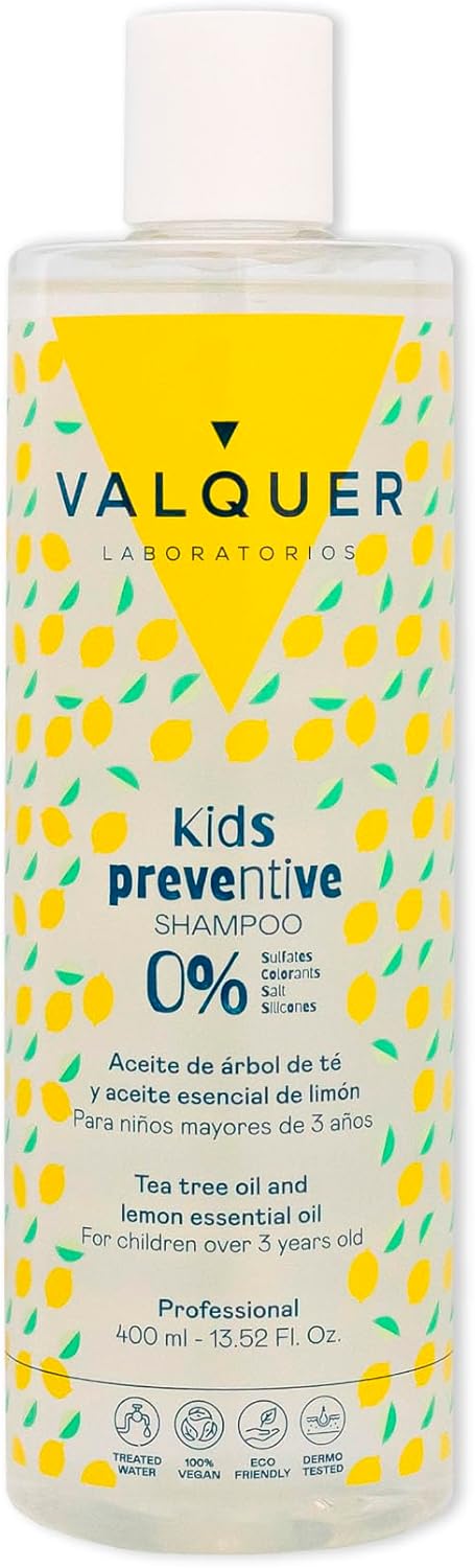 Valquer Formula Zero Preventive Shampoo For Children. Cleanses, Purifies, And Protects Hair. Provides Freshness With Tea Tree And Lemon Oil And Natural Ingredients. Ages 3+. 400Ml