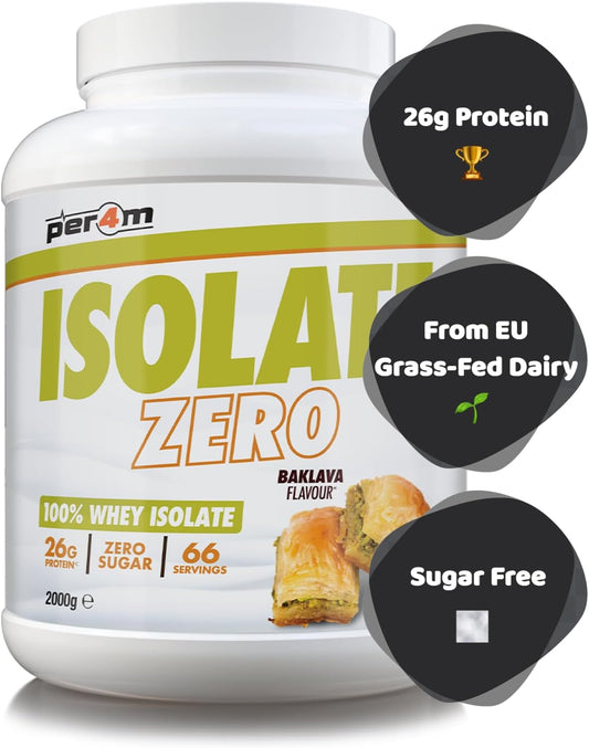 Per4M Isolate Zero Premium Whey Protein Powder | 66 Servings Ultra Filtered Isolate Shake + Amino Acids | Muscle Recovery & Optimal Nutrition | Zero Sugar & Low Gluten (2Kg, Chocolate Brownie Batter)