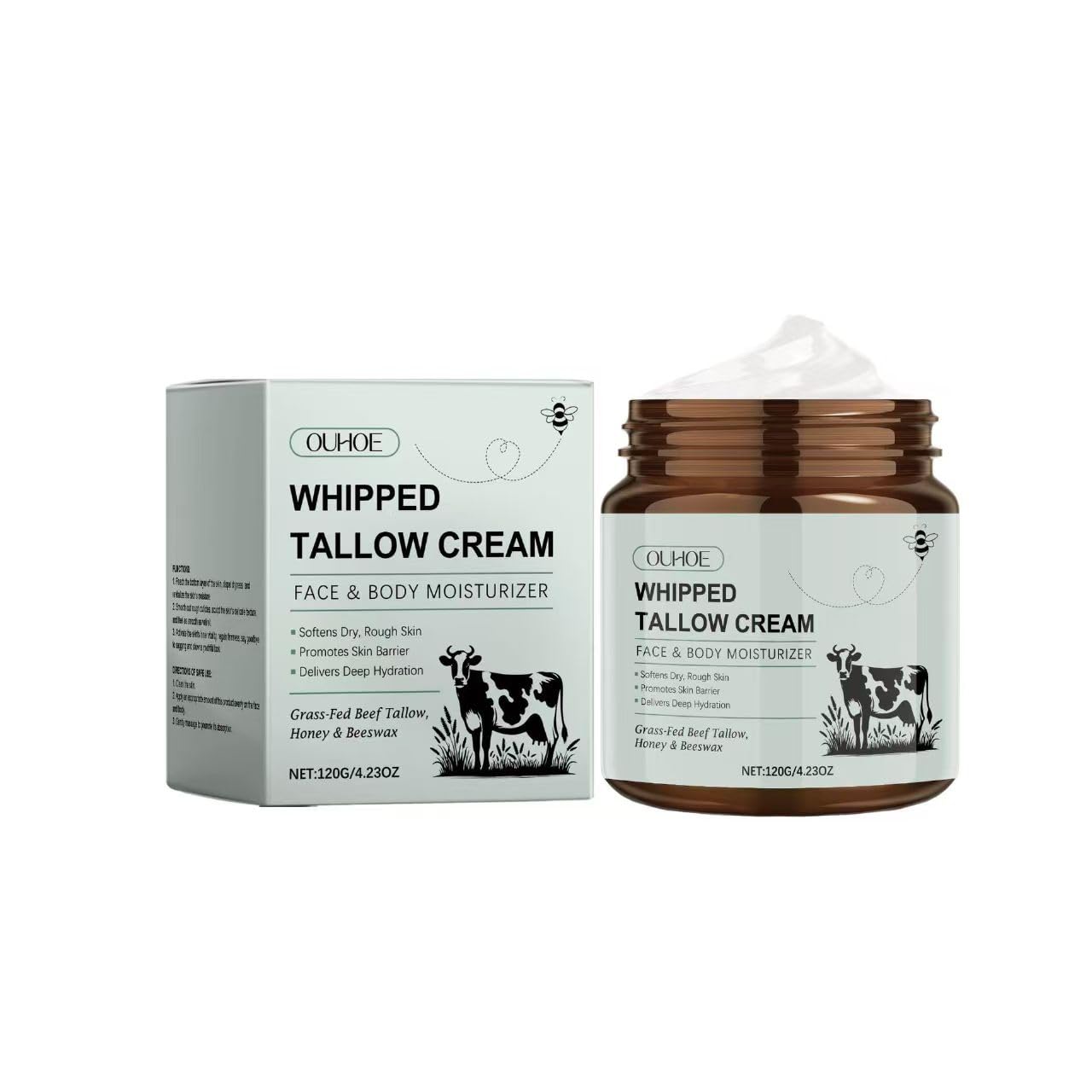 Beef Tallow For Skin - 4.2Oz - Organic Grass Fed Beef Tallow And Honey Balm - Whipped Tallow Balm Deeply Moisturizing For Face & Body - Natural Skin Care Whipped Texture For Deep Face & Body Hydration