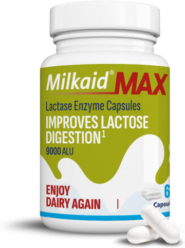 Milkaid Max Lactase Enzyme Capsule For Lactose Intolerance Relief | Prevents Wind, Bloating & Diarrhoea | Fast Acting Dairy Digestive Supplement | Gluten Free & Vegan | 60 Capsules