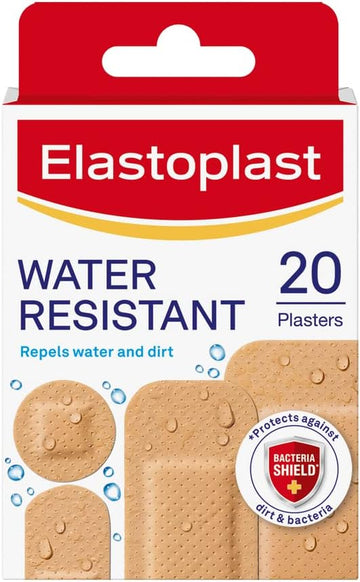 Elastoplast Water Resistant Plastic Plasters (20 Pieces), Dirt And Water-Resistant, Waterproof, Ideal For First Aid, Strong Adhesion With Non-Stick Wound Pad, Breathable Material, Tan
