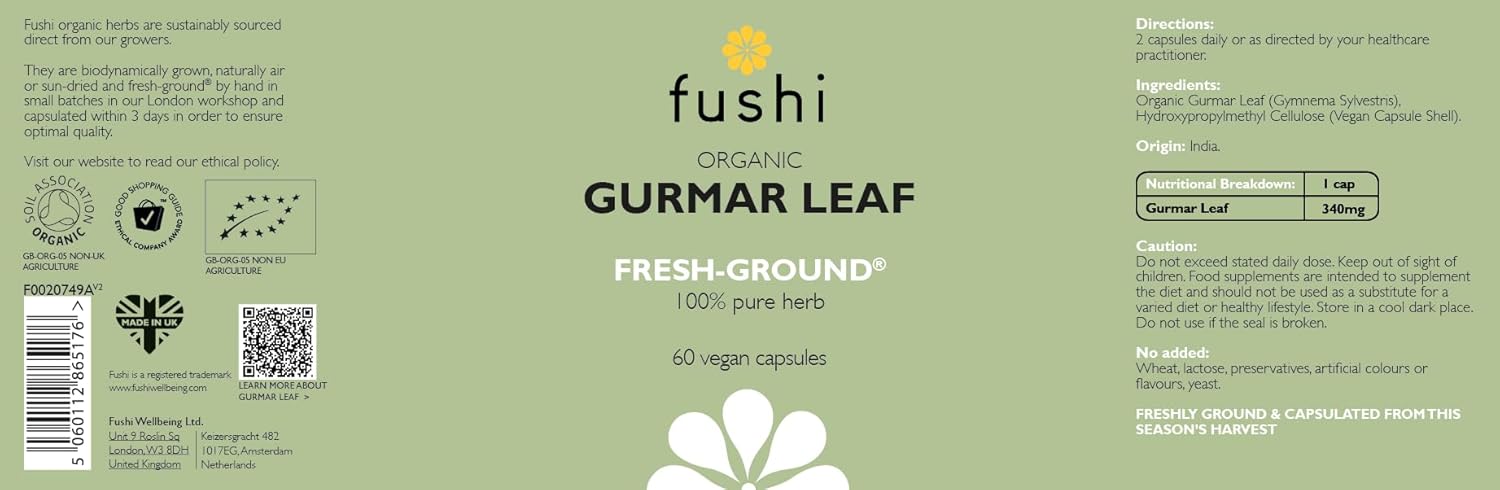 Fushi Organic Gurmar Leaf Capsules, 60 Caps | Fresh-Ground Whole Food | Helps Appetite And Weight Loss | Indigenously Sourced, Ethical & Vegan | Made In The Uk