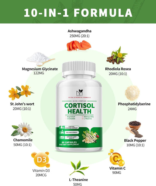 Cortisol Supplements For Women - 10 In 1 Cortisol Manager With Magnesium, Ashwagandha, L-Theanine, Cortisol Balance For Stress, Mood, Sleep, Cortisol Detox For Women - 60 Vegan Capsules