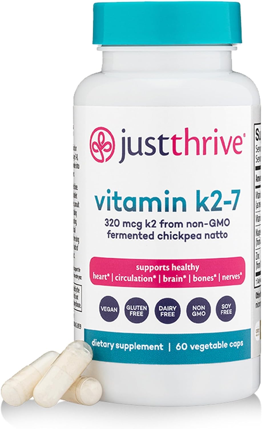 Just Thrive Vitamin K2-7 - Bone, Brain, and Heart Health K2 Vitamin Supplement, 60 Capsules