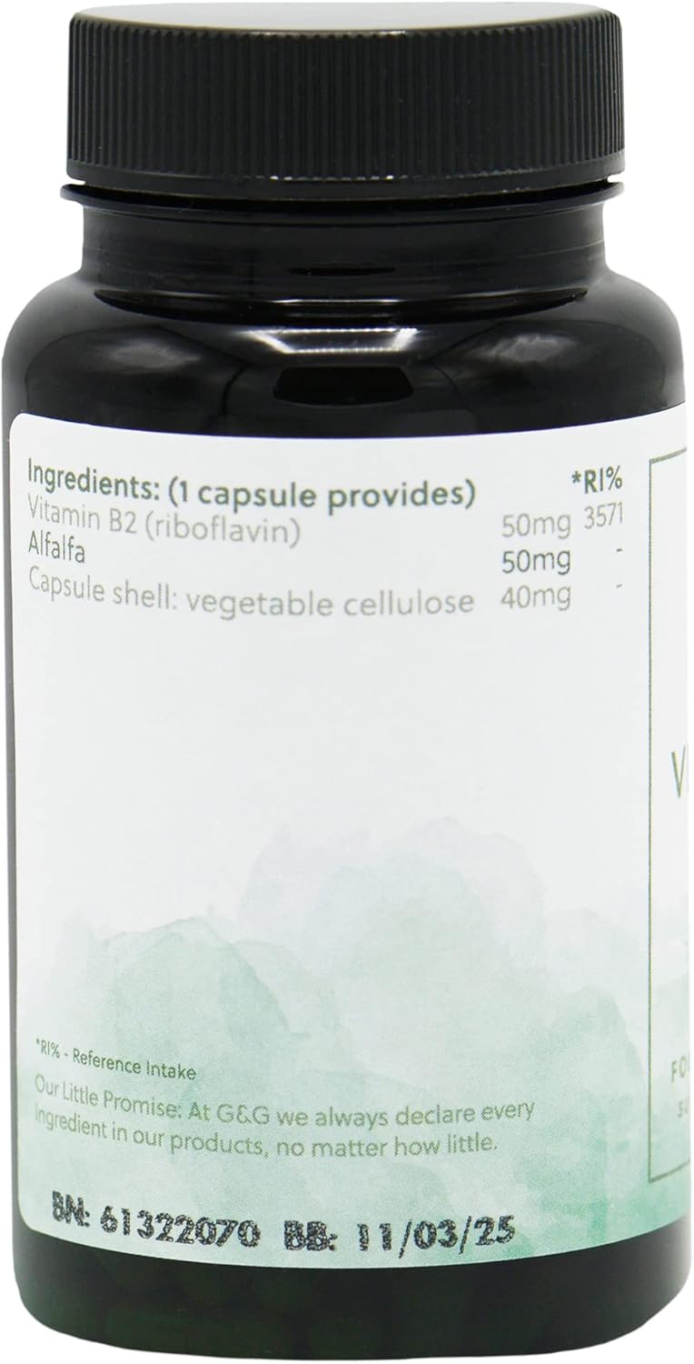 Vitamin B2 Riboflavin Capsules | 50Mg Vitamin B2 Per Capsule | 120 Vegan Capsules | G&G Vitamins