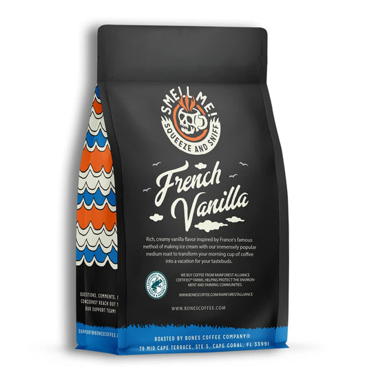 Bones Coffee Company French Vanilla Flavored Ground Coffee Beans | 12 oz Medium Roast Arabica Low Acid Coffee | Gourmet Coffee (Ground)