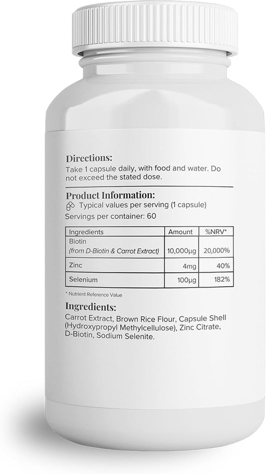 Hey Nutrition Biotin Complex Supplement - Biotin, Selenium, And Zinc - Supports Hair, Nails & Skin - Promotes Immune Health - No Artificial Flavours, Non-Gmo & Dairy-Free - 60 Vegan Capsules