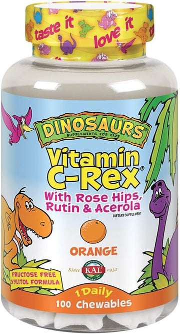 KAL C-Rex Chewable Vitamin C for Kids, Immune Support Supplement with Bioflavonoids from Rose HIPS, Rutin & Acerola, Tasty Orange Vitamin C Chews, Fructose Free, 100 Vitamin C Chewable Tablets
