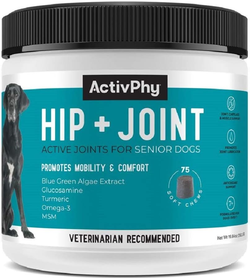 Hip + Joint Supplement with Glucosamine, MSM, Omega 3s, and Turmeric, Normal Inflammatory Response, Antioxidants, Made in USA, For Dogs , 75 ct
