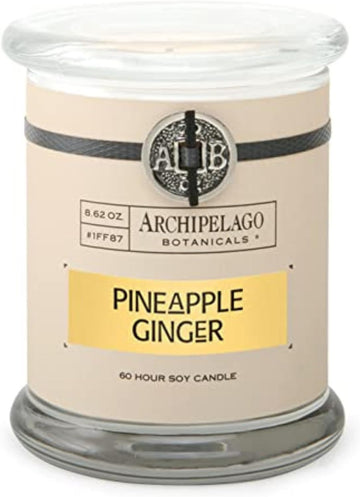 Archipelago Botanicals Soy Candle Hand-Poured Premium Wax, Scented Candle for Home, Burns Approx. 60 Hours, Pineapple Ginger, Glass Candle Jar, 4.5 Inch, 8.6oz