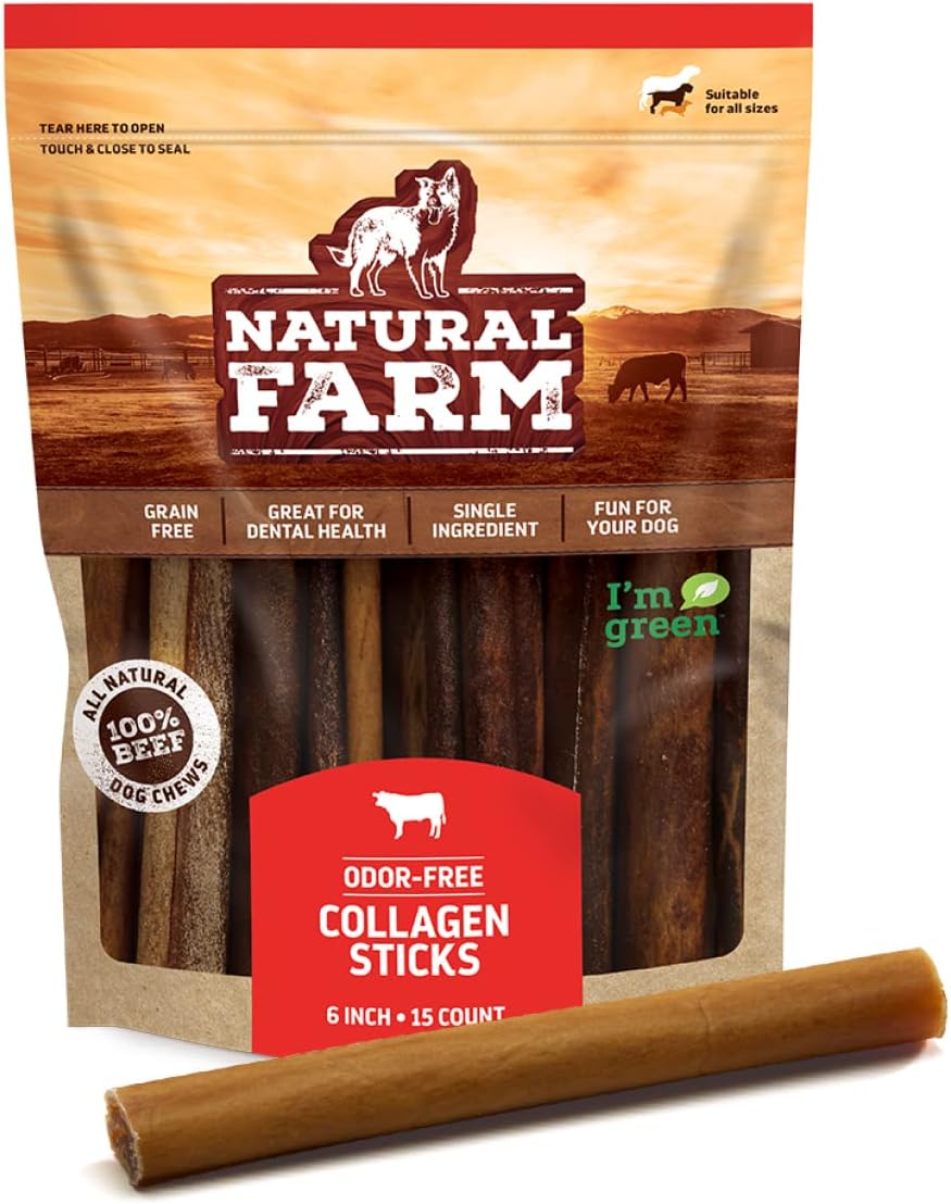 Natural Farm Collagen Sticks (6 Inch, 15 Pack). Odor-Free, 95% Natural Collagen Dog Chews, Supports Healthy Joints, Skin & Coat - Best Rawhide Alternative For Small & Medium Dogs