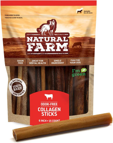 Natural Farm Collagen Sticks (6 Inch, 15 Pack). Odor-Free, 95% Natural Collagen Dog Chews, Supports Healthy Joints, Skin & Coat - Best Rawhide Alternative For Small & Medium Dogs