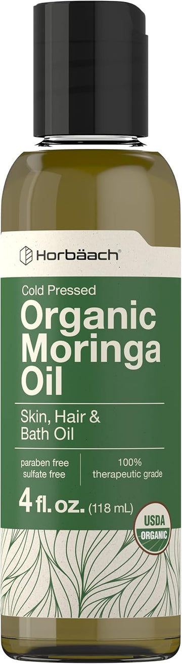 Horbäach Organic Moringa Oil | 4 Fl Oz | For Face, Hair, And Skin | Cold Pressed | 100% Therapeutic Grade | Paraben And Sulfate Free, Non-Gmo