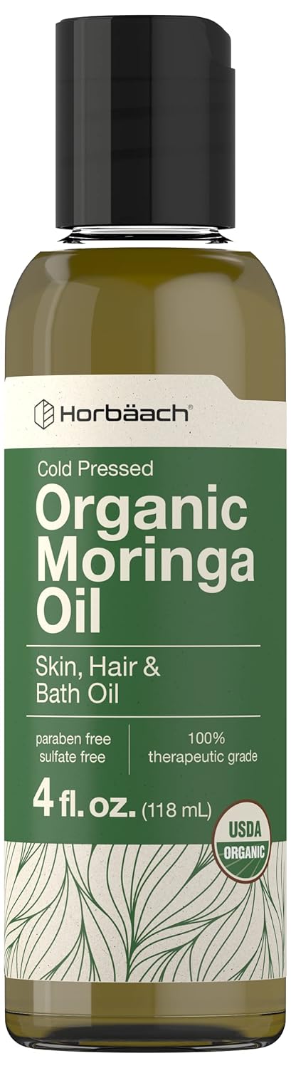 Horbäach Organic Moringa Oil | 4 Fl Oz | For Face, Hair, And Skin | 100% Therapeutic Grade | Paraben And Sulfate Free, Non-Gmo