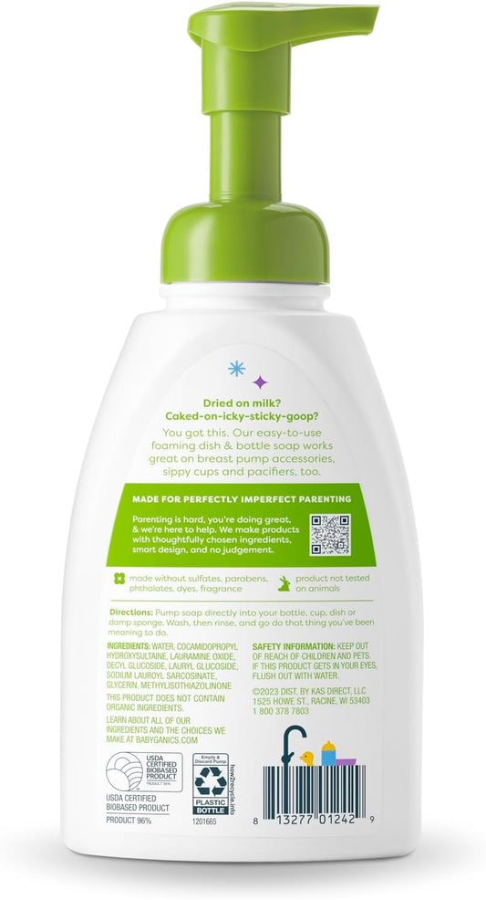 Babyganics Foaming Dish & Bottle Soap, Pump Bottle, Fragrance Free, Plant-Derived Cleaning Power, Removes Dried Milk, 16 Fl Oz, (Pack Of 3), Packaging May Vary