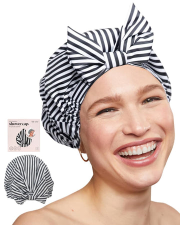 Kitsch Luxury Shower Cap for Women Waterproof - Reusable Shower Cap, Hair Cap for Shower, Waterproof Hair Shower Caps for Long Hair, Non-Slip Cute Shower Cap One Size, Chic Shower Bonnet - Stripe