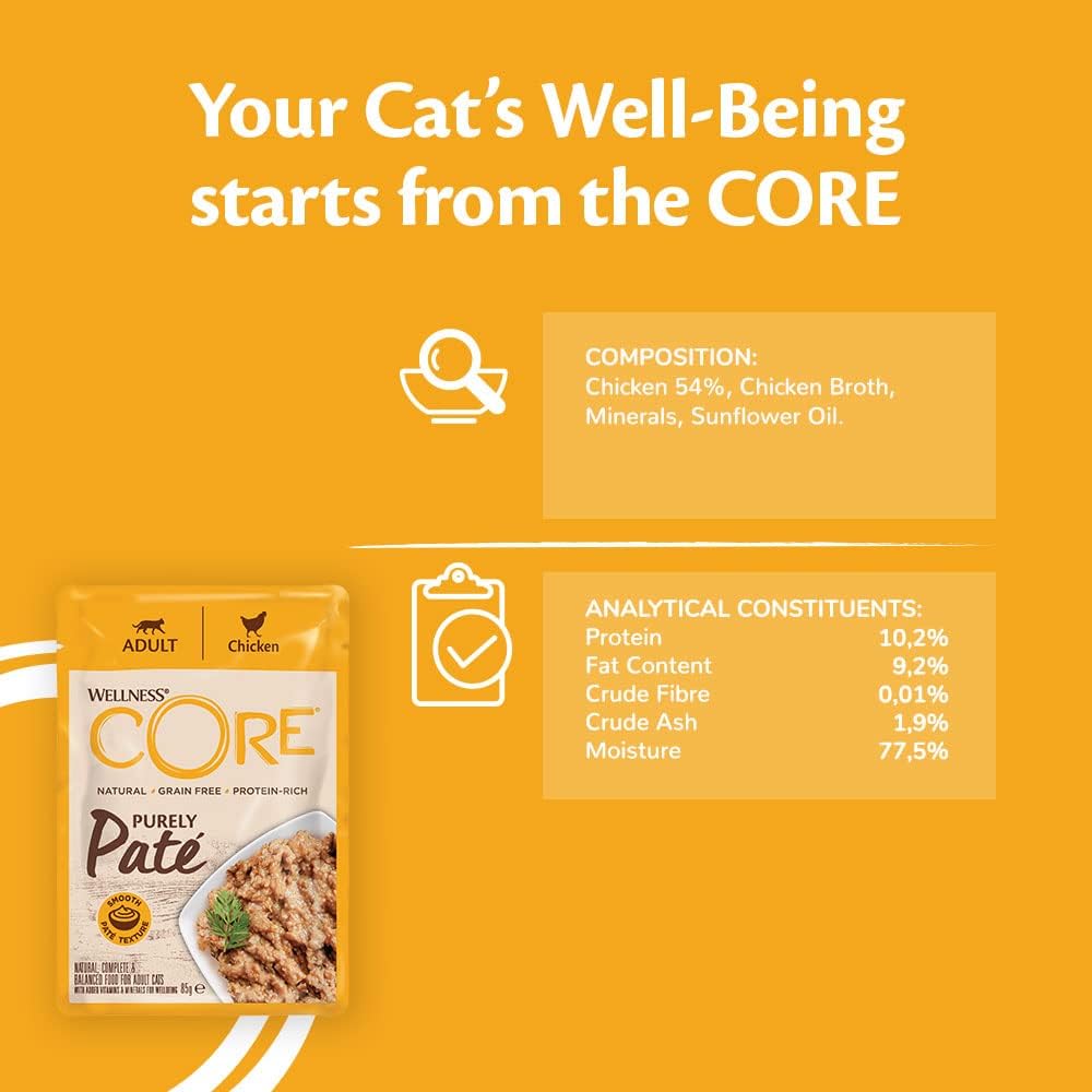 Wellness CORE Purely Paté Chicken, Smooth Paté Wet Cat Food, Grain-Free, High Meat Content, Chicken, 24 x 85g :Pet Supplies