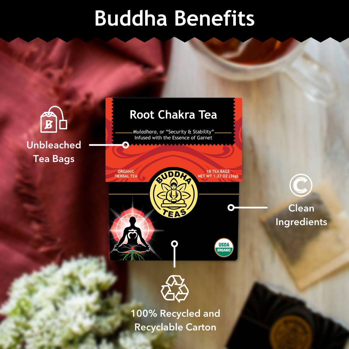 Buddha Teas - Root Chakra Tea - Organic Herbal Tea - For Security & Stability - With Ashwagandha Root, Raspberry Leaf, Cloves & Garnet Essence - 100% Kosher & Non-Gmo - 18 Tea Bags (Pack Of 1)