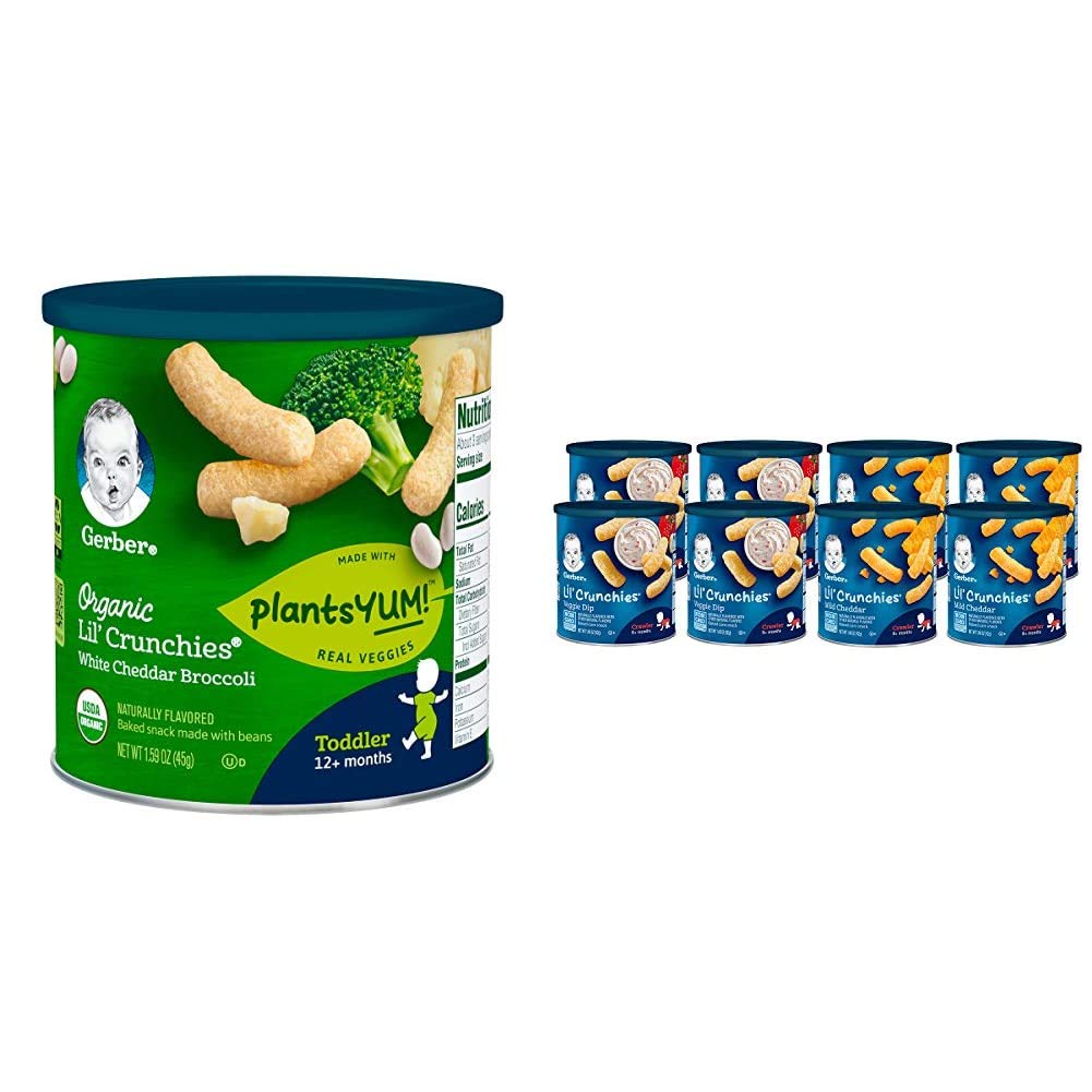 Gerber Snacks for Baby Organic Lil Crunchies, White Cheddar & Broccoli and Mild Cheddar & Veggie Dip Value Pack