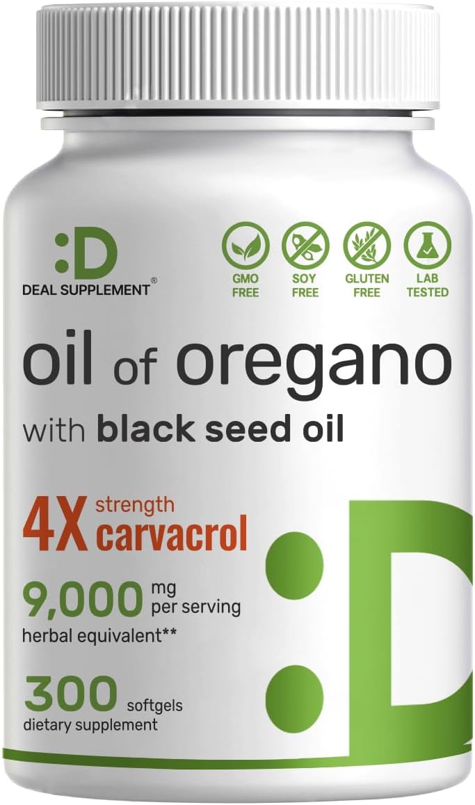 DEAL SUPPLEMENT Oil of Oregano Softgels with Black Seed Oil, 9,000mg Per Serving, 300 Count ? 30:1 Extract, Active Carvacrol & Thymoquinone ? Antioxidant Immune Health Support ? Plant Based, Non-GMO