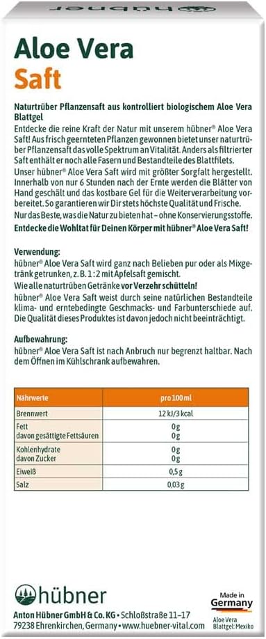 Hübner Aloe Vera, Organic Plant Juice, Naturally Cloudy, 490 Ml (6)