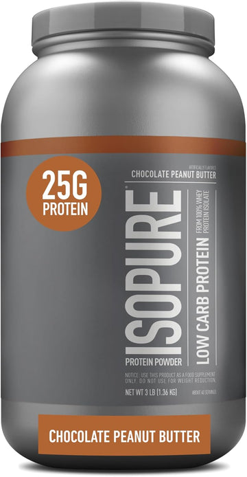 Isopure Low Carb 100% Pure Whey Isolate Protein Powder, Lactose Free, Gluten Free, With Vitamins, Chocolate Peanut Butter, 25G Protein Per Serving, 3 Lbs, 40 Servings