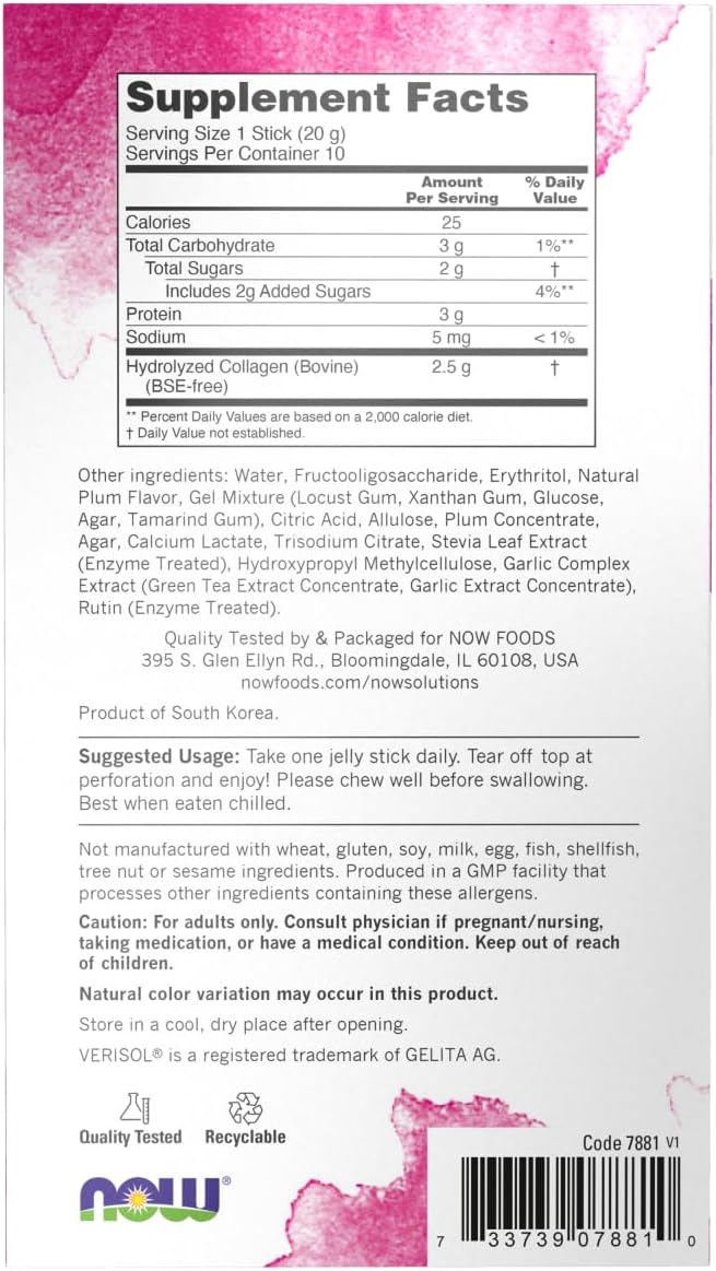 NOW Foods Solutions, Collagen Jelly Beauty Complex, Sweet Plum Flavor, 10 Jelly Sticks : Health & Household