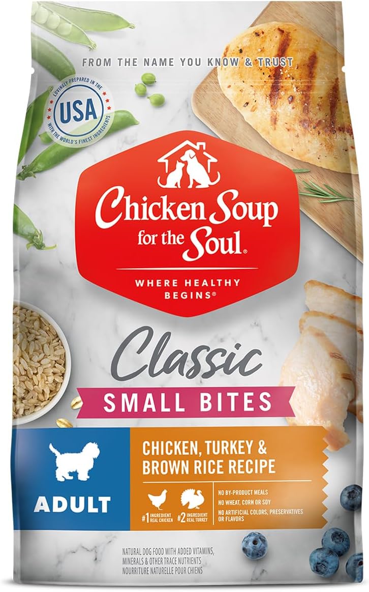 Chicken Soup for the Soul Pet Food Small Bites Dog Food, Chicken, Turkey and Brown Rice, 28 lb. Bag | Soy Free, Corn Free, Wheat Free | Dry Dog Food Made with Real Ingredients (101014)