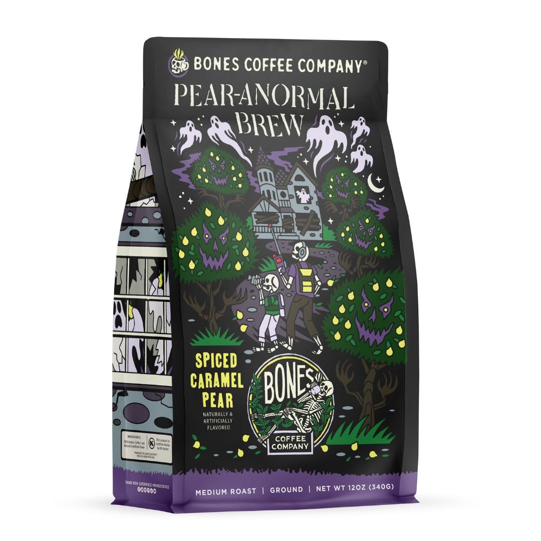 Bones Coffee Company Pear-A-Normal Brew Flavored Coffee Beans, Medium Roast Ground Coffee Low Acid, Caramel & Spiced Pear Flavor (12 Oz)