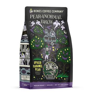 Bones Coffee Company Pear-A-Normal Brew Flavored Coffee Beans, Medium Roast Ground Coffee Low Acid, Caramel & Spiced Pear Flavor (12 Oz)