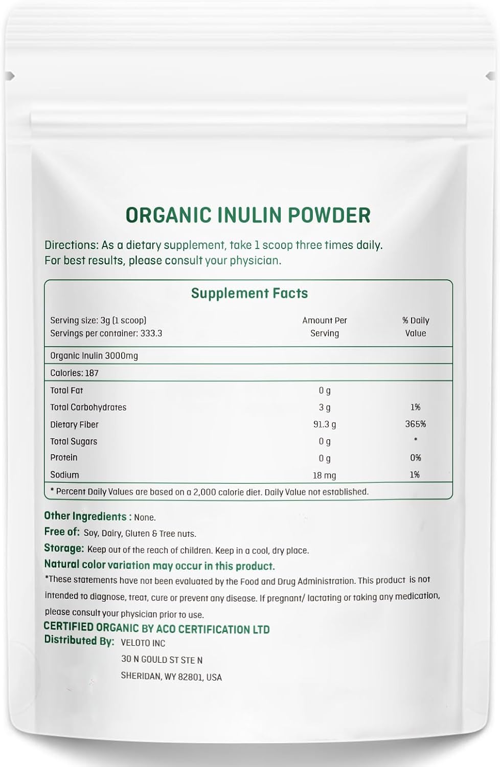 Organic Inulin Powder, Pure Inulin Prebiotic Supplement Natural Soluble Fibers Sweetener For Digestive Function, Unflavored & Unsweetened Superfood For Smoothie, Gluten Free, Vegan, 2.2 Lb