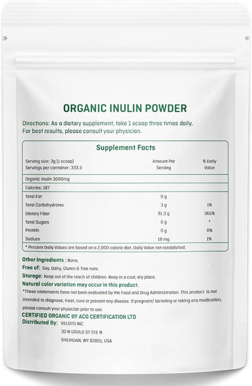 Organic Inulin Powder, Pure Inulin Prebiotic Supplement Natural Soluble Fibers Sweetener For Digestive Function, Unflavored & Unsweetened Superfood For Smoothie, Gluten Free, Vegan, 2.2 Lb