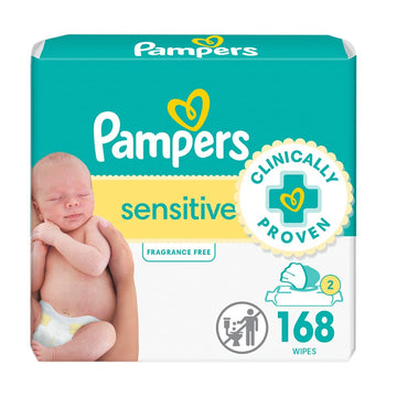 Pampers Sensitive Baby Wipes, Water Based, Hypoallergenic And Unscented, 2 Flip-Top Packs (168 Wipes Total)