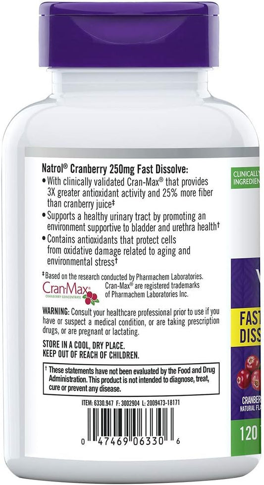 Natrol, Cranberry Fast Dissolve Tablets, Dietary Supplement, Supports Urinary Tract Health, Contains Antioxidants, 250 mg, 120 Count