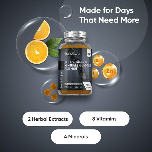 Multivitamin Gummies For Men | 90 Vegan Gummies | With Added Herbal Extracts Like Maca, Panax Ginseng | 8 Multivitamins And 4 Minerals | Mixed Peach & Orange Flavour | Gluten-Free & Non-Gmo