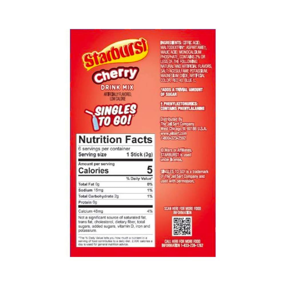 Starburst Singles To Go Zero Sugar Drink Mix, Cherry, 6 CT Per Box (Pack of 3), 0.59 Ounce : Grocery & Gourmet Food