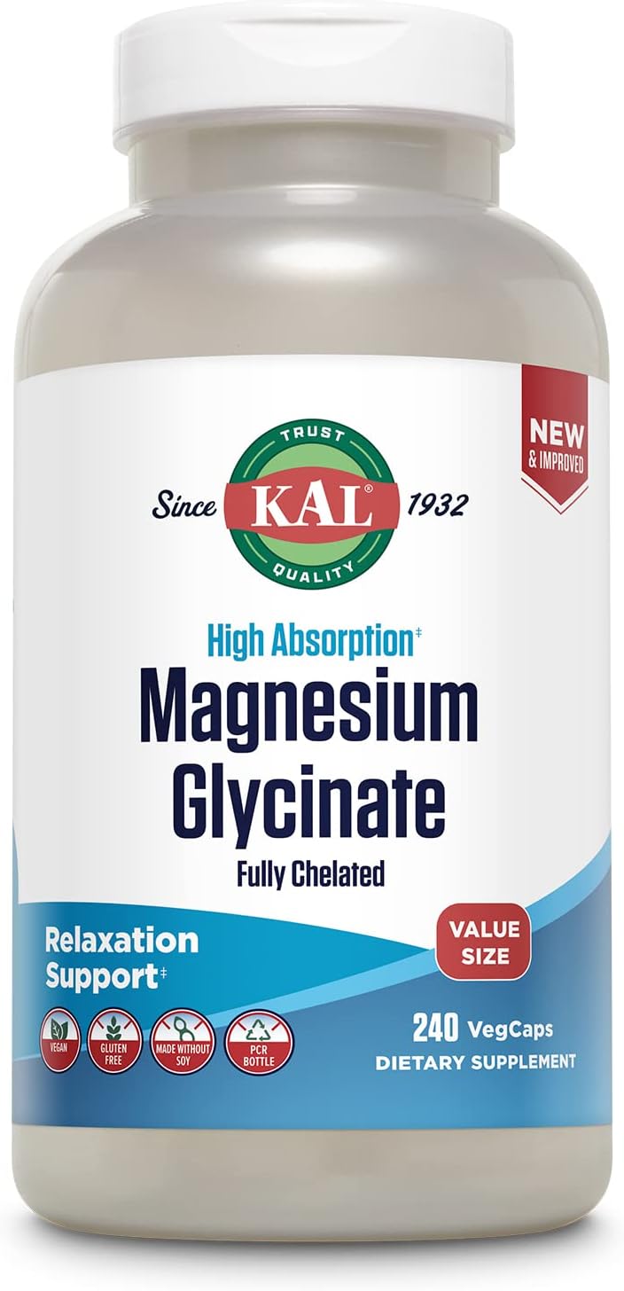 Kal Magnesium Glycinate, New & Improved Fully Chelated High Absorption Formula With Bioperine, Bisglycinate Chelate For Stress, Relaxation, Muscle & Bone Health Support, 60 Servings, 240 Vegcaps