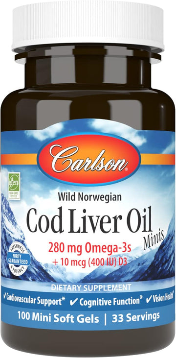 Carlson - Cod Liver Oil Minis, 280 mg Omega-3s + Vitamins A & D3, Heart Support & Cognitive Function, Vision Health, 100 Mini Softgels