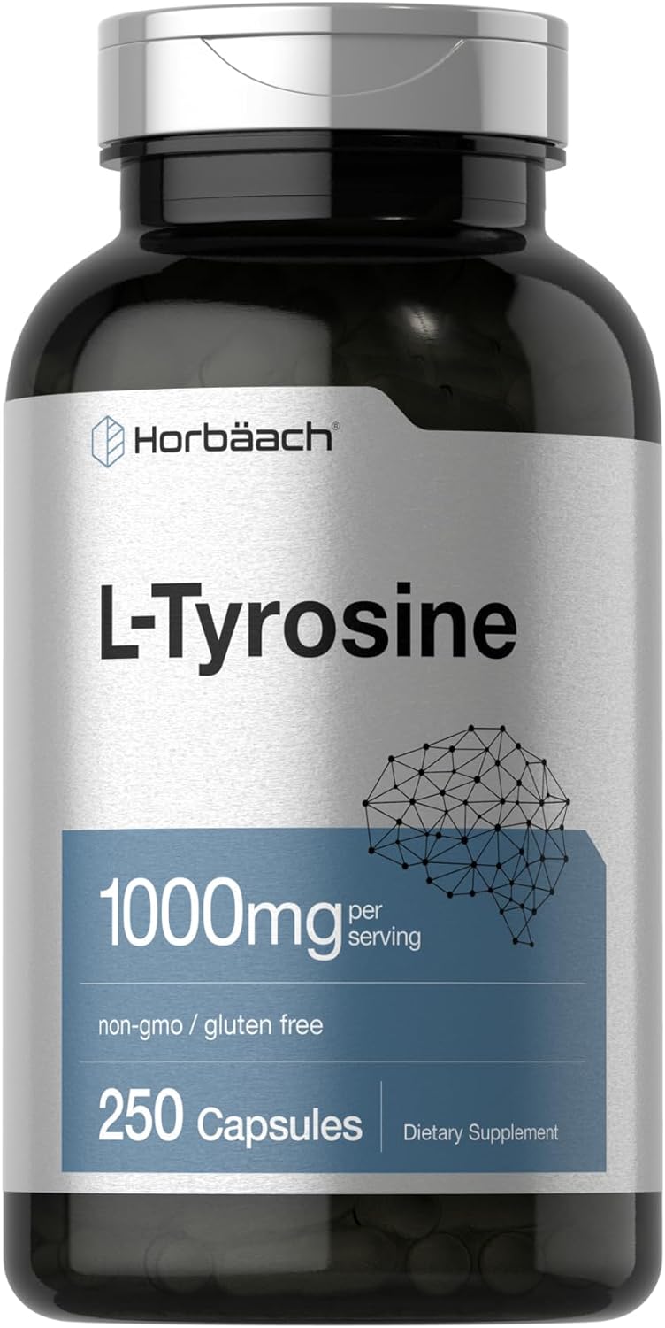 Horbaach L-Tyrosine Supplement | 1000mg | 250 Capsules | Non-GMO and Gluten Free Formula