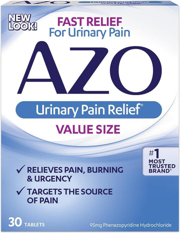 Azo Urinary Pain Relief Value Size, With Phenazopyridine Hydrochloride, Fast Relief, Relieves Uti Pain, Burning & Urgency, Targets The Source Of Pain, #1 Most Trusted Brand, 30 Tablets