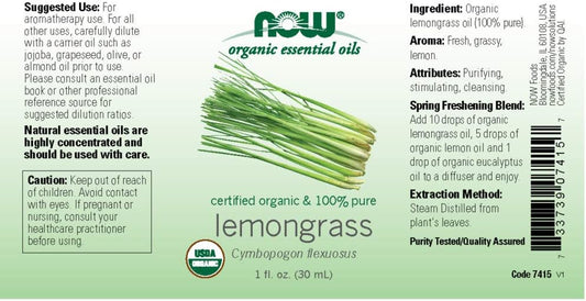 Now Essential Oils, Organic Lemongrass Oil, Uplifting Aromatherapy Scent, Steam Distilled, 100% Pure, Vegan, Child Resistant Cap, 1-Ounce