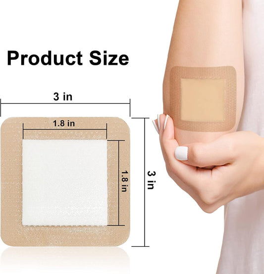 Carbou 10Pcs Silicone Foam Dressing 3"X 3"(7.5 Cm X 7.5 Cm) - With Border Adhesive Waterproof Central Ultra Absorbent-Foam (1.8" X 1.8") Square Dressing Waterproof Silicone Wound Bandage