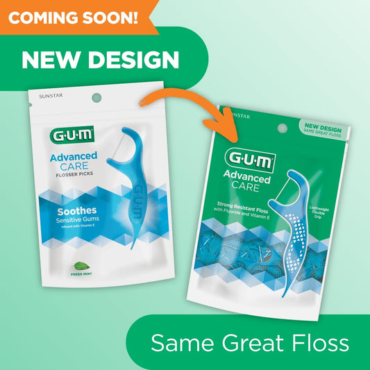 Gum Advanced Care Floss Picks - Dental Flossers For Adults With Vitamin E And Fluoride - Extra Strong Shred-Resistant Dental Floss, Easy Grip Handle, Fresh Mint Flavor, 150 Count