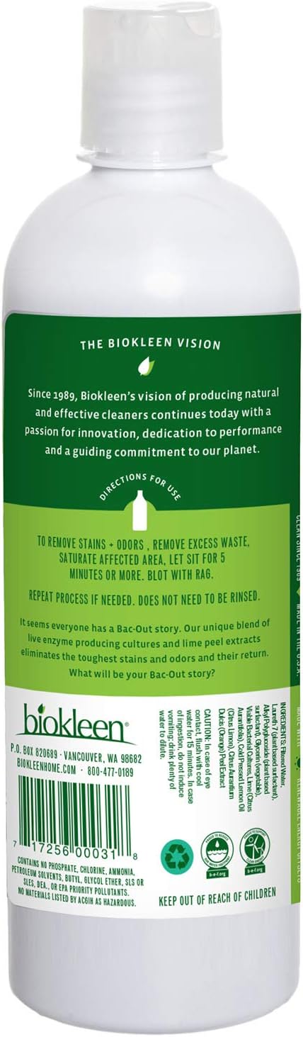Biokleen Bac-Out Stain+Odor Remover, Destroys Stains & Odors Safely, for Pet Stains, Laundry, Diapers, Wine, Carpets, & More, Eco-Friendly, Non-Toxic, Plant-Based, 16 Ounces (Pack of 12)