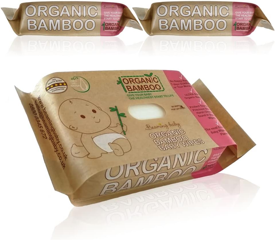 Beaming Baby Organic Bamboo, Biodegradable Baby Wipes - 240 Wet Wipes (3 Packs X 80) Multipack. Unscented, Plastic Free, Made With Organic Aloe Vera, Ideal For Newborn Sensitive Skin. Paper Packaging