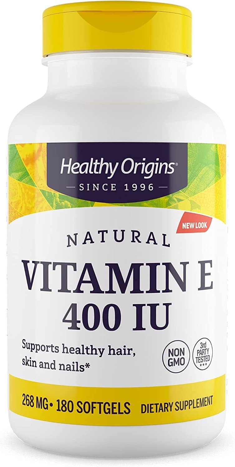 Healthy Origins Vitamin E, 400 IU with Naturally Sourced Mixed Tocopherols - Vitamin E Supplement - Non-GMO & Gluten-Free Skin, Hair, & Nails Vitamin - 180 Softgels